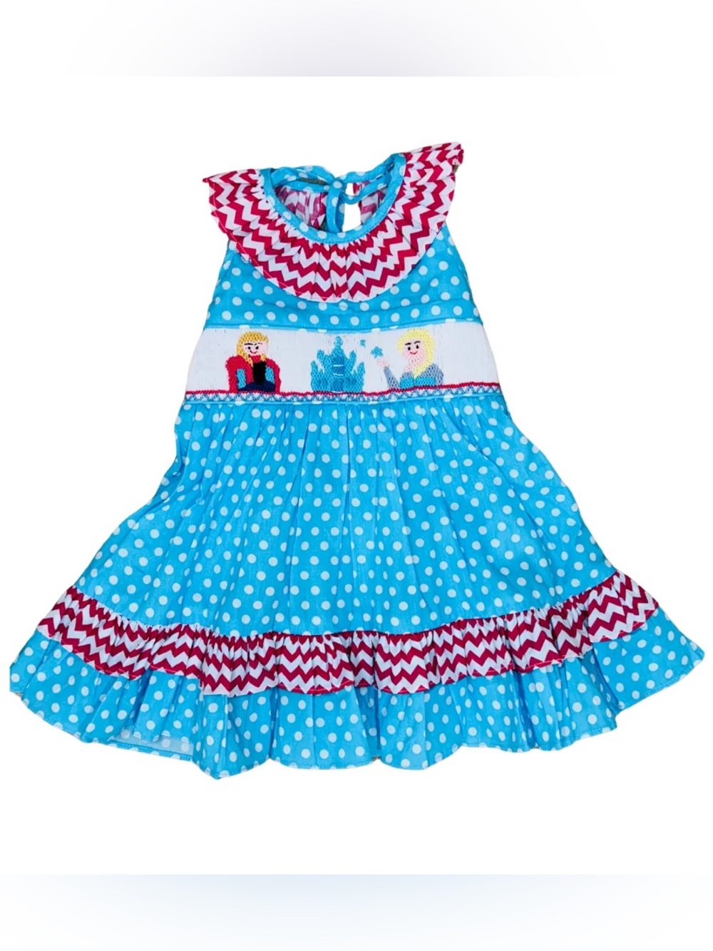 Nola Turquoise Polka Dot Smocked Dress with Pink Chevron Ruffle